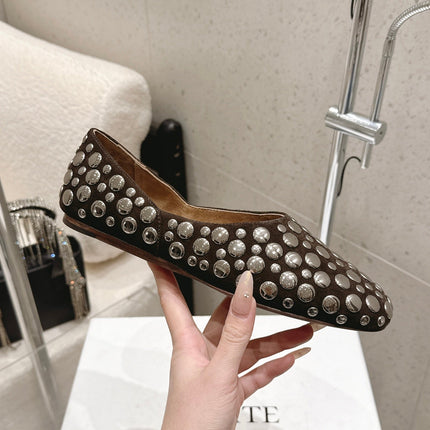 CELINE 26S FLAT SHOES IN DARK BROWN SUEDE WITH METAL STUDS