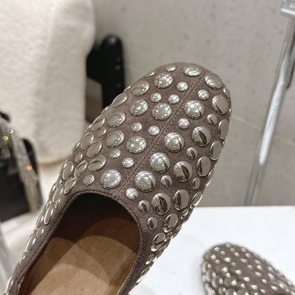 CELINE 26S FLAT SHOES IN TOFFEE BROWN SUEDE WITH METAL STUDS