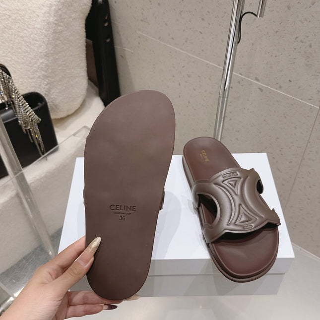 CELINE 26S TRIOMPHE SLIDES IN DARK BROWN CALFSKIN