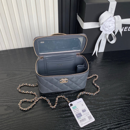 CHANEL 25S VANITY CASE 17 IN BLUE GRAY LAMBSKIN GOLD HARDWARE