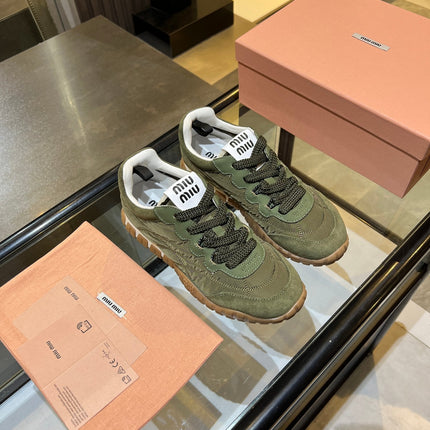 MIUMIU 26S SNEAKERS IN ARMY OLIVE FABRIC AND SUEDE