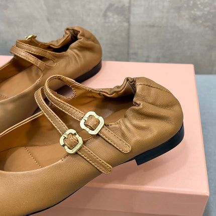 MIUMIU 26S DOUBLE STRAP MARY JANE FLATS IN CARAMEL BROWN SHEEPSKIN