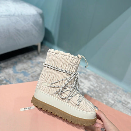 MIUMIU 26S ANKLE SNOW BOOTS IN BEIGE FABRIC