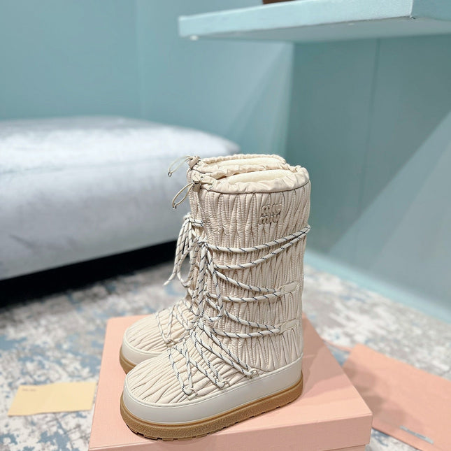MIUMIU 26S ANKLE SNOW BOOTS IN BEIGE FABRIC STYLE 14
