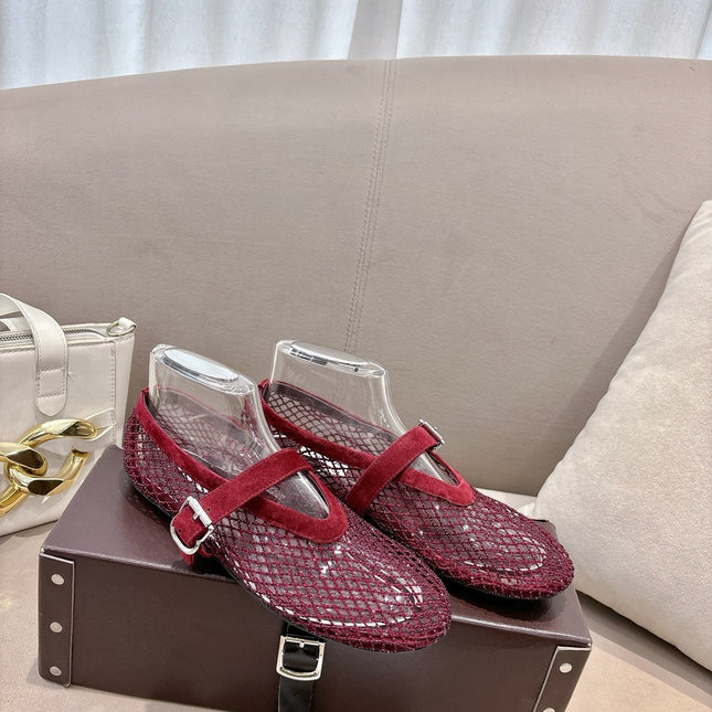 ALAIA 26S MESH FLATS IN DARK RED SUEDE