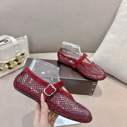 ALAIA 26S MESH FLATS IN DARK RED SUEDE