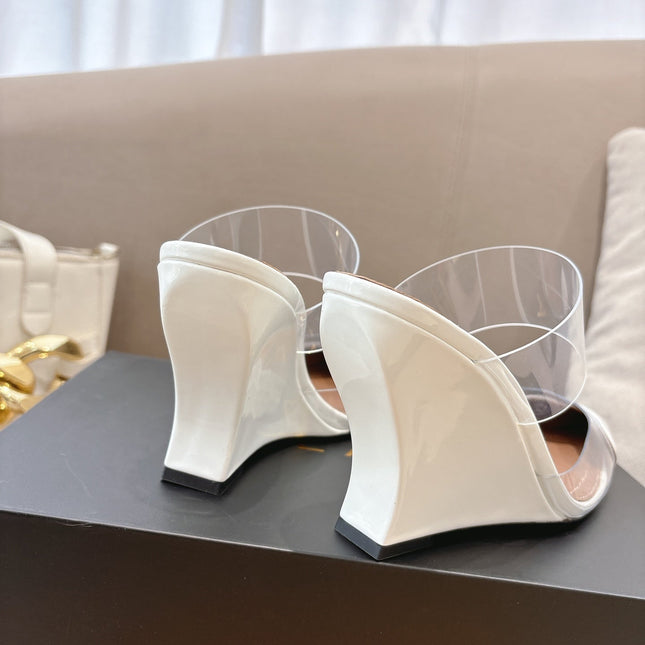 ALAIA 26S HIGH-HEEL WEDGE MULES 95 MM IN WHITE GLOSSY CALFSKIN