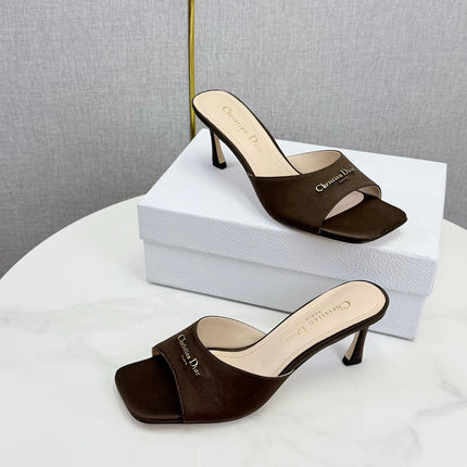 DIOR 26S HIGH-HEELED MULES IN DARK BROWN SATIN GOLD HARDWARE