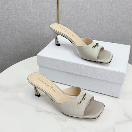 DIOR 26S HIGH-HEELED MULES IN LIGHT GRAY SATIN GOLD HARDWARE