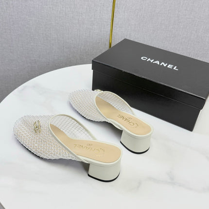 CHANEL 26S MESH HIGH HEEL MULES IN WHITE LAMBSKIN