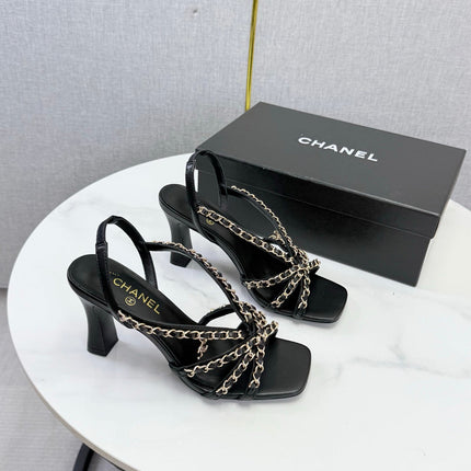 CHANEL 26S CHAIN STRAP HIGH HEELS 65 MM IN BLACK LAMBSKIN