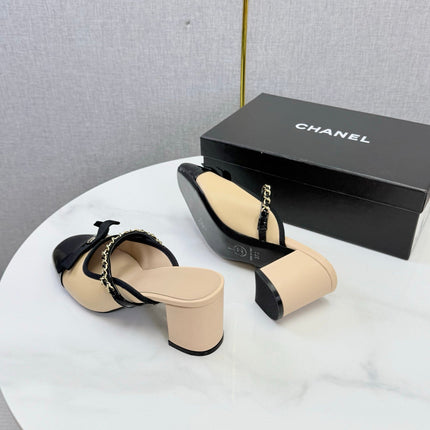CHANEL 26S HIGH HEEL MULES 45 MM IN BEIGE AND BLACK LAMBSKIN
