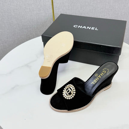 CHANEL 26S WEDGE HEELS IN BLACK SUEDE WITH CC PEARL EMBELLISHED