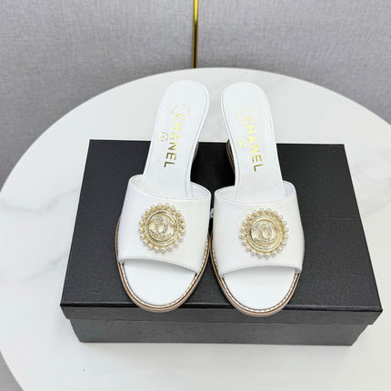 CHANEL 26S WEDGE HEELS IN WHITE LAMBSKIN WITH CC PEARL EMBELLISHED
