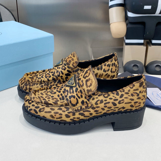 PRADA 26S LOAFERS IN BROWN LEOPARD PRINT PONY HAIR