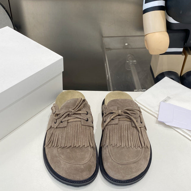THE ROW 26S FRINGE LACE UP MULES IN TAUPE BROWN SUEDE