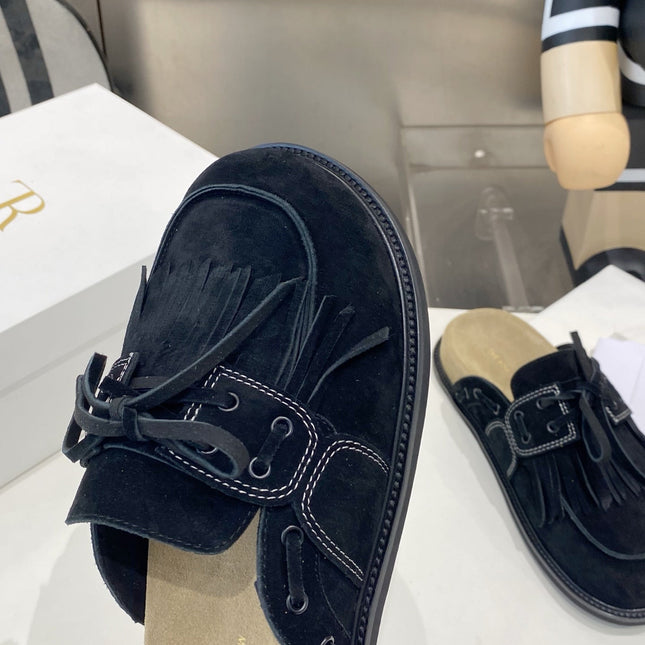 THE ROW 26S FRINGE LACE UP MULES IN BLACK SUEDE