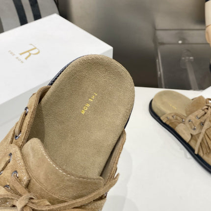 THE ROW 26S FRINGE LACE UP MULES IN SAND BEIGE SUEDE