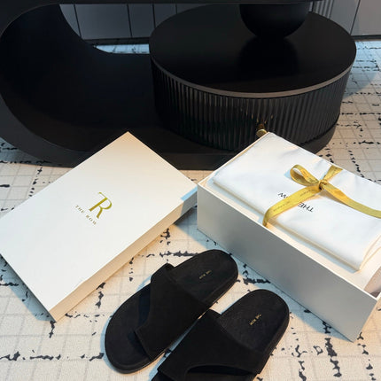THE ROW 26S THONG SLIDE SANDALS IN BLACK SUEDE