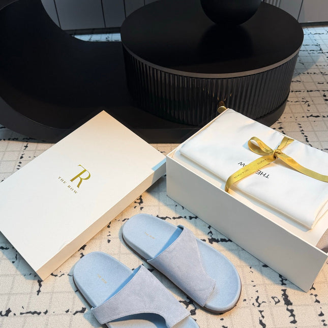THE ROW 26S THONG SLIDE SANDALS IN POWDER BLUE SUEDE