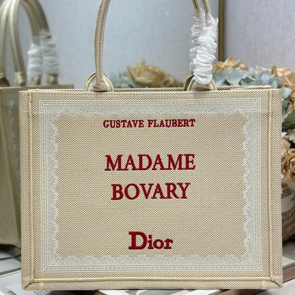 DIOR 26S BOOK TOTE BAG 36 IN BEIGE EMBROIDERED LETTERING FABRIC