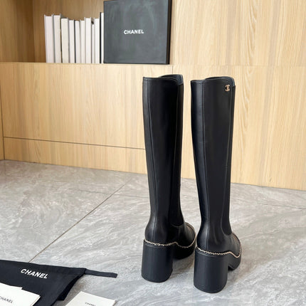 CHANEL 25S HIGH BOOTS STRETCHY SHAFT 85MM IN BLACK CALFSKIN GOLD HARDWARE
