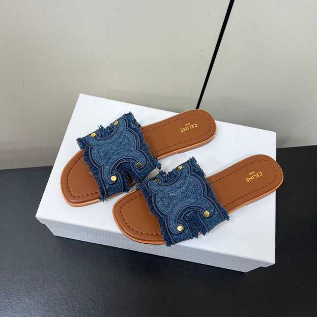 CELINE FLAT SANDALS IN BLUE TRIOMPHE DENIM