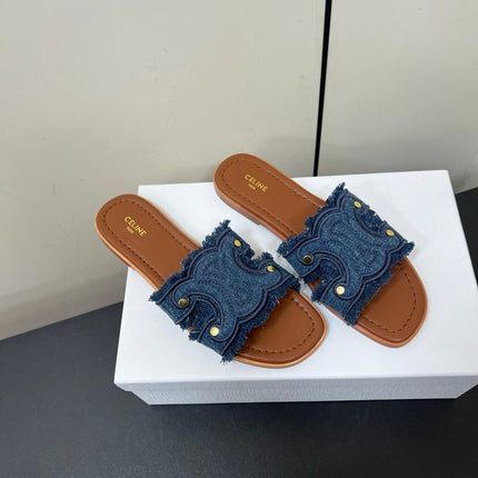 CELINE FLAT SANDALS IN BLUE TRIOMPHE DENIM