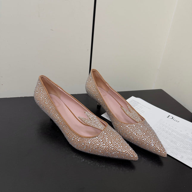 DIOR 26S POINTED-TOE HIGH HEELS 35MM IN NUDE SUEDE CRYSTAL