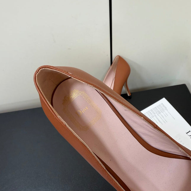 DIOR 26S POINTED-TOE HIGH HEELS 70MM IN RUST BROWN CALFSKIN GOLD HARDWARE