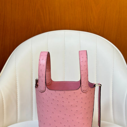 HM 25S PICOTIN LOCK 14 CM IN PINK OSTRICH WITH SILVER HARDWARE