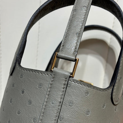 HM 25S PICOTIN LOCK 14 CM IN GREY OSTRICH WITH GOLD HARDWARE