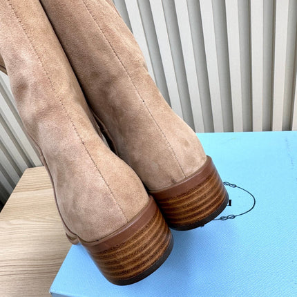 PRADA 25S LOW-CUT BOOTS IN LIGHT CARAMEL BROWN SUEDE