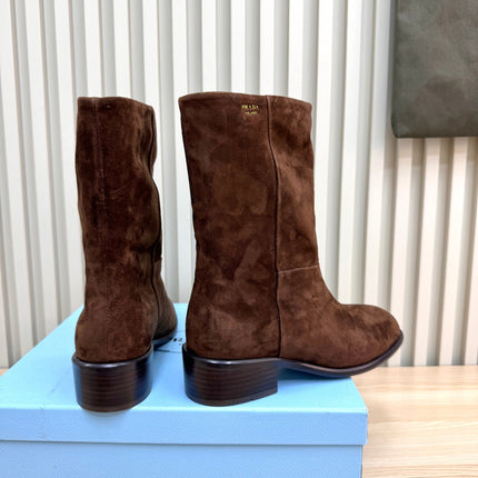 PRADA 25S LOW-CUT BOOTS IN DARK BROWN SUEDE