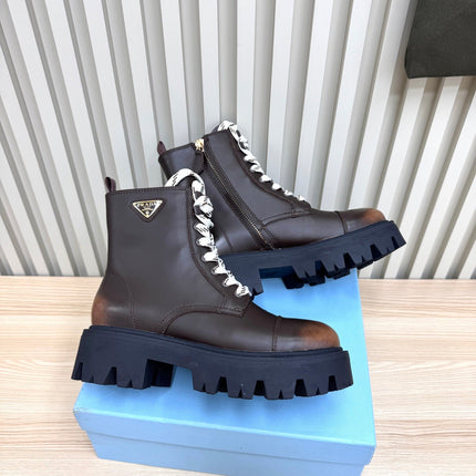 PRADA 25S MONOLITH BOOTS IN DARK BROWN CALFSKIN