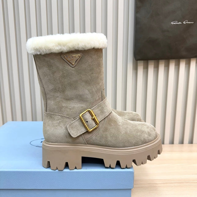 PRADA 25S MARTIN BOOTS IN BEIGE GRAY SUEDE FUR-LINED