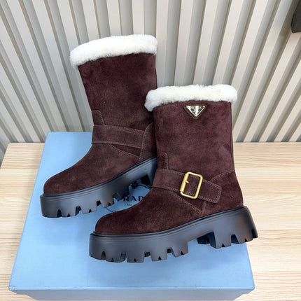 PRADA 25S MARTIN BOOTS IN DARK BURGUNDY BROWN SUEDE FUR-LINED