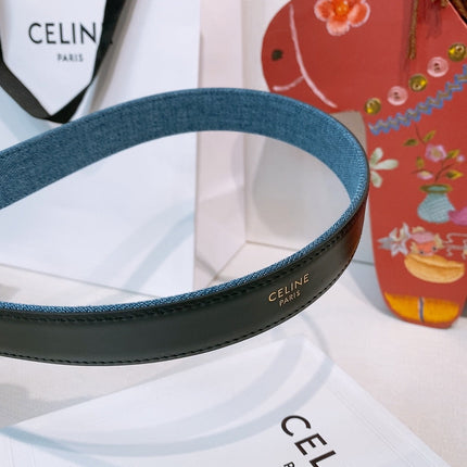 CELINE 26S BELT 25 MM IN BLUE DENIM AND BLACK CALFSKIN 631596