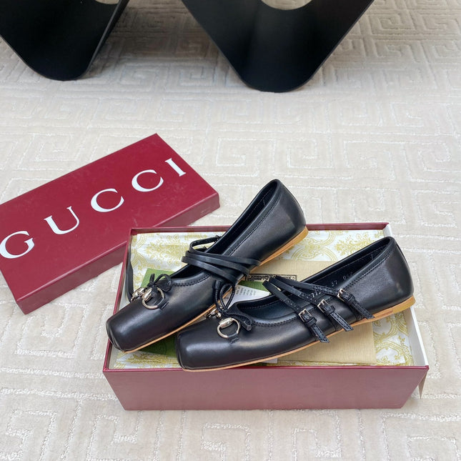 GG BALLET FLAT BLACK HORIZONTAL STRAPS LAMBSKIN