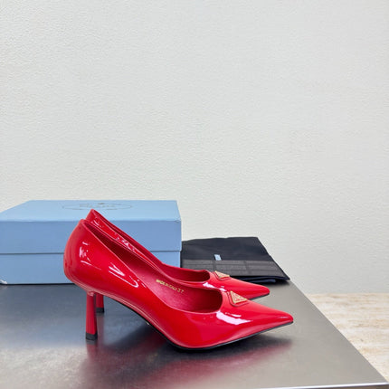 PRADA 26S POINTED TOE PUMPS 75MM IN RED PATENT CALFSKIN