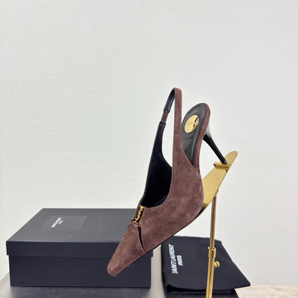 YSL 26S SLINGBACK HIGH HEELS 105 MM IN DARK BROWN SUEDE