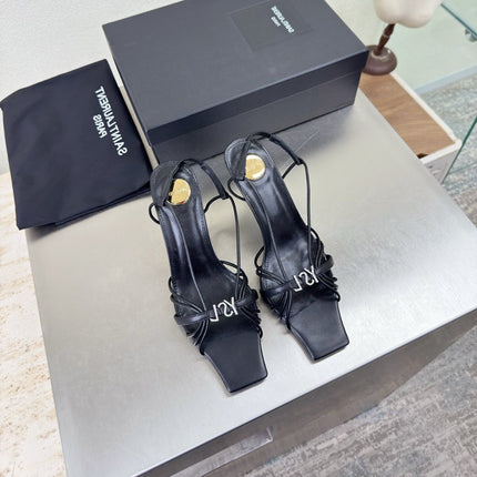 YSL 26S HIGH HEEL SANDALS 85 MM IN BLACK CALFSKIN WITH RHINESTONE LOGO