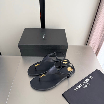 YSL 26S THONG SANDALS IN BLACK CALFSKIN WITH GOLD HARDWARE