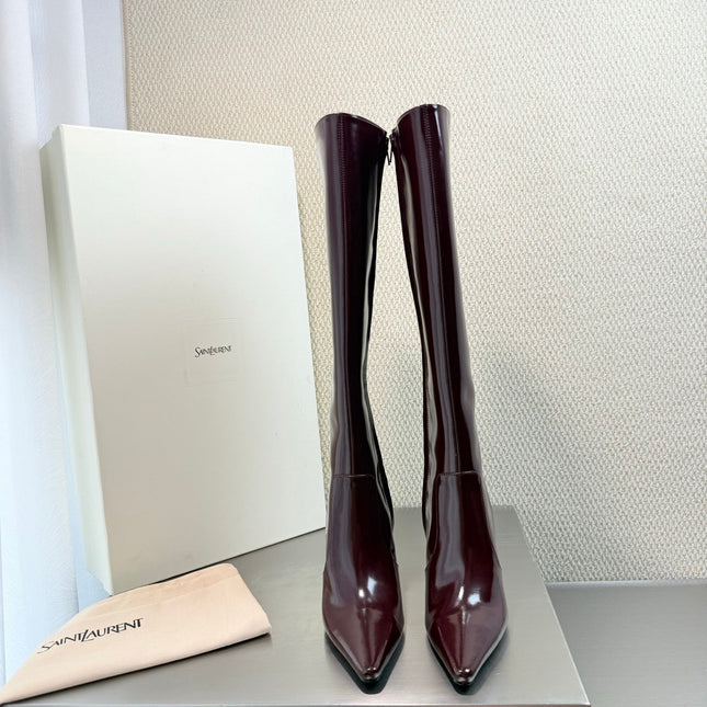 YSL 26S HIGH-HEEL TALL BOOTS 105 MM IN DARK RED GLOSSY LAMBSKIN