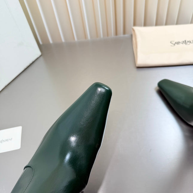 YSL 26S TALL POINTED-TOE HEELED BOOTS 80 MM IN DARK GREEN GLOSSY LAMBSKIN