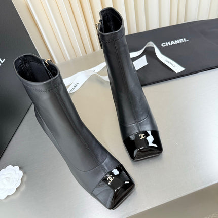 CHANEL 26S ZIPPER BOOTS 75 MM IN BLACK CALFSKIN AND PATENT LEATHER SQUARE TOE HIGH