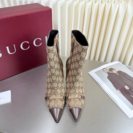 GUCCI 26S HORSEBIT BOOTS 105 MM IN BROWN LEATHER AND BEIGE CANVAS