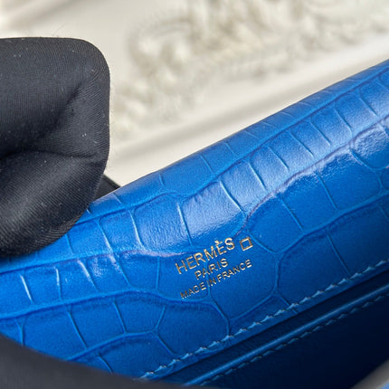 HM 25S KELLY MINI 22 CM IN COBALT BLUE LAMBSKIN WITH CROCODILE EMBOSSING AND GOLD HARDWARE