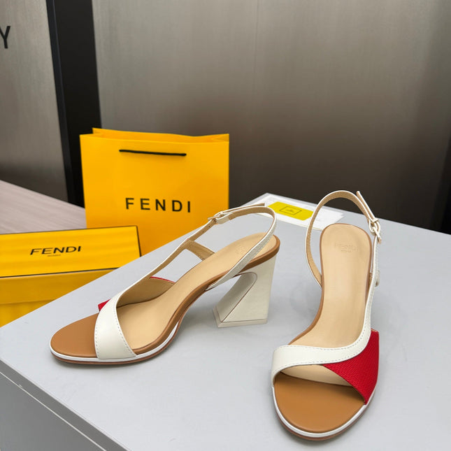 FENDI 26S SLINGBACK SANDALS IN WHITE CALFSKIN AND RED CANVAS