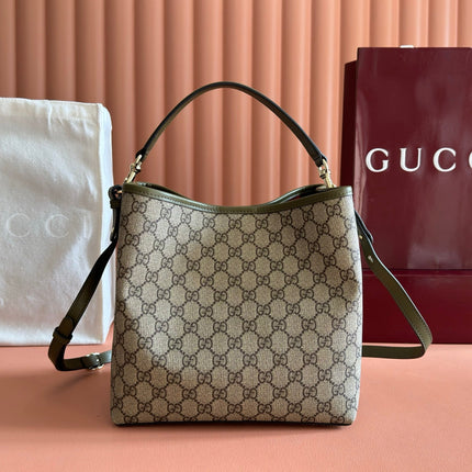 GUCCI 26S HAND BAG 25 IN DARK BEIGE AND MOSS GREEN CANVAS